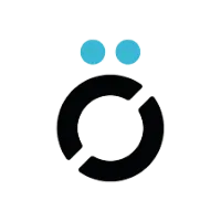 Black split-circle logo mark with two blue dots above it