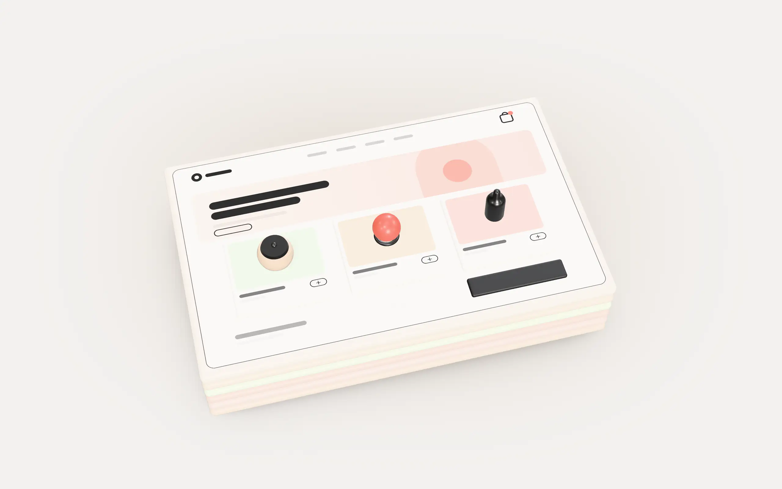 A simple online storefront separates into layers for orders, inventory, email, support and reports. Small glowing agents dock on each layer and run it, then the layers close back into the storefront while the agents hover above it, wired into the products, cart and checkout.