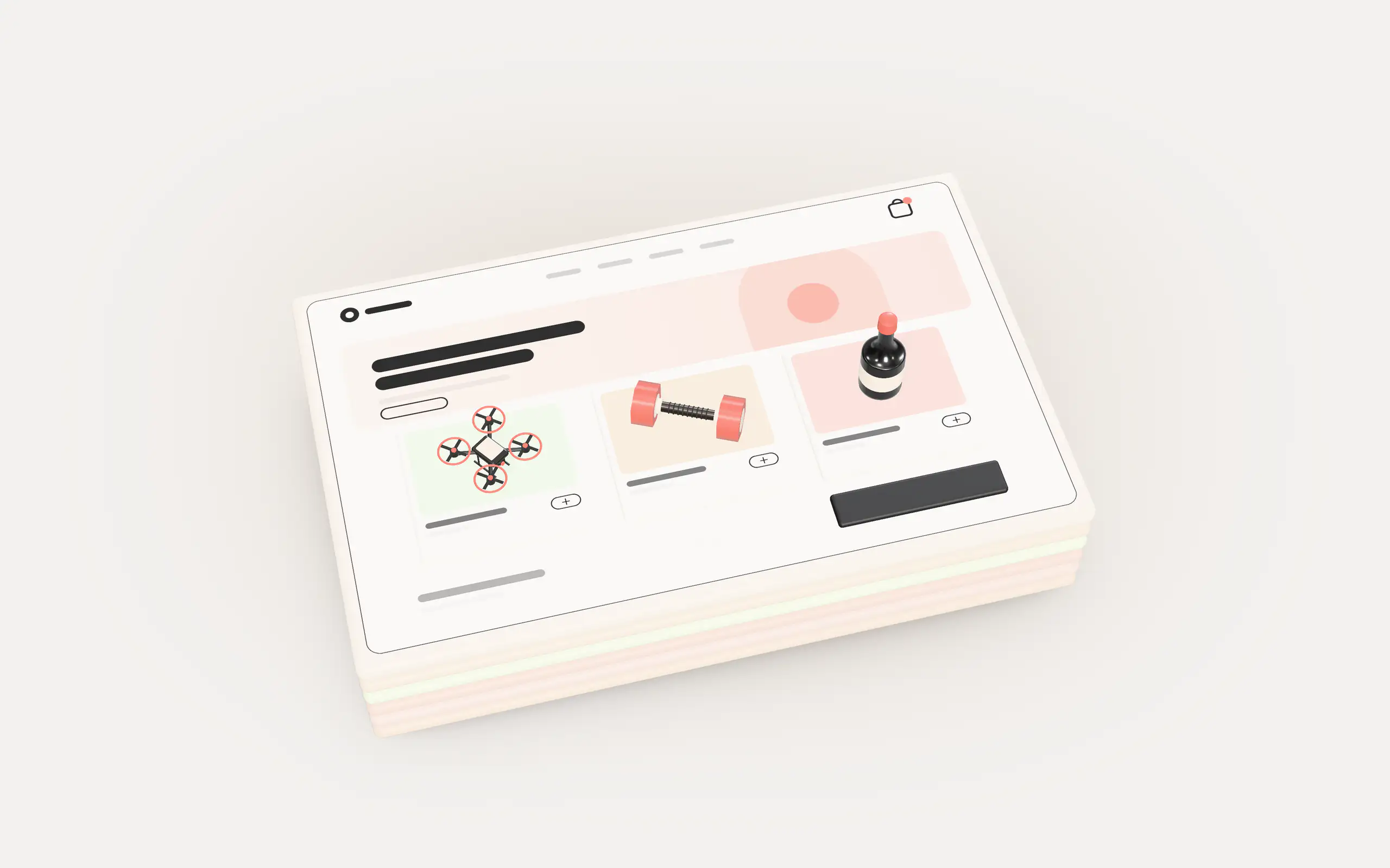 A simple online storefront separates into layers for orders, inventory, email, support and reports. Small glowing agents dock on each layer and run it, then the layers close back into the storefront while the agents hover above it, wired into the products, cart and checkout.